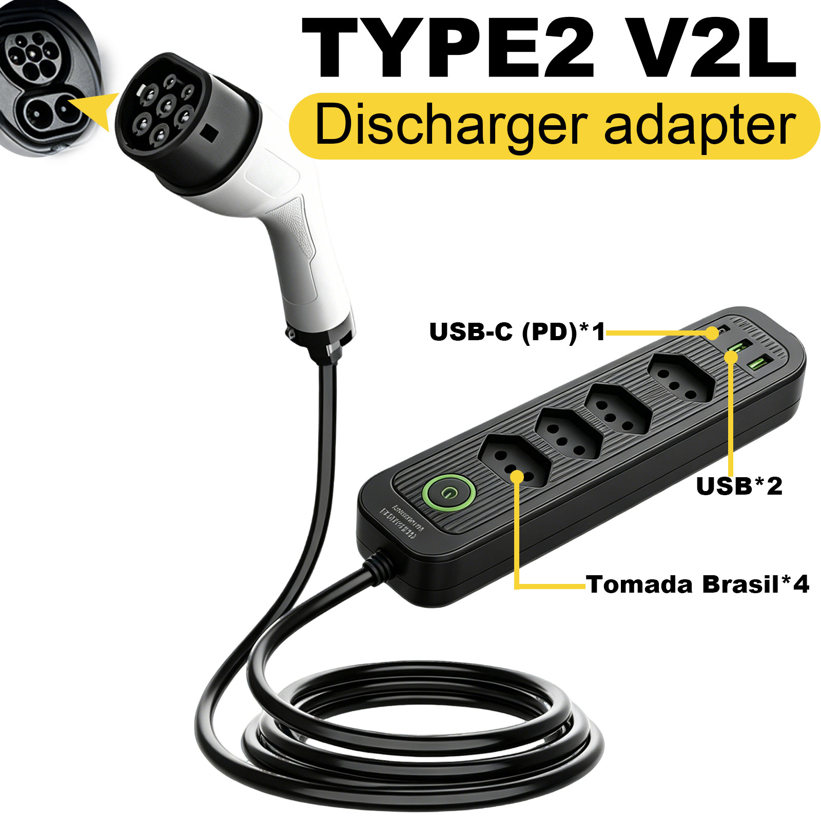 Outdoor Powerwall - タイプ2 V2L放電アダプター 16A ブラジルソケット EVから屋外電源ステーションへ BYD