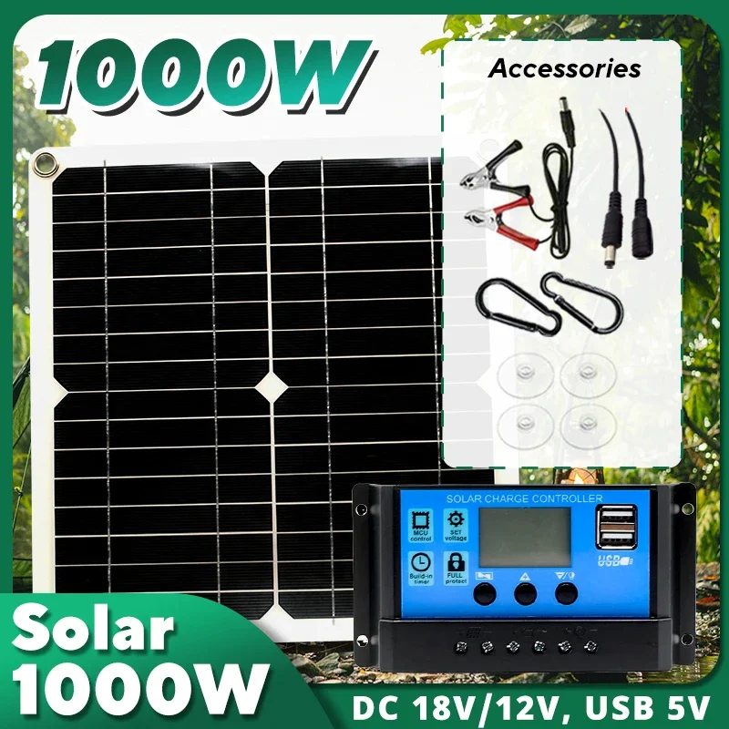 Outdoor Power Supply 12V - 1000Wソーラーパネルキット、12Vソーラーセル10A‑100Aコントローラー、RV、キャラバン、家庭、キャンプ、携帯電話、バッテリー用ポータブルソーラーチャージャー