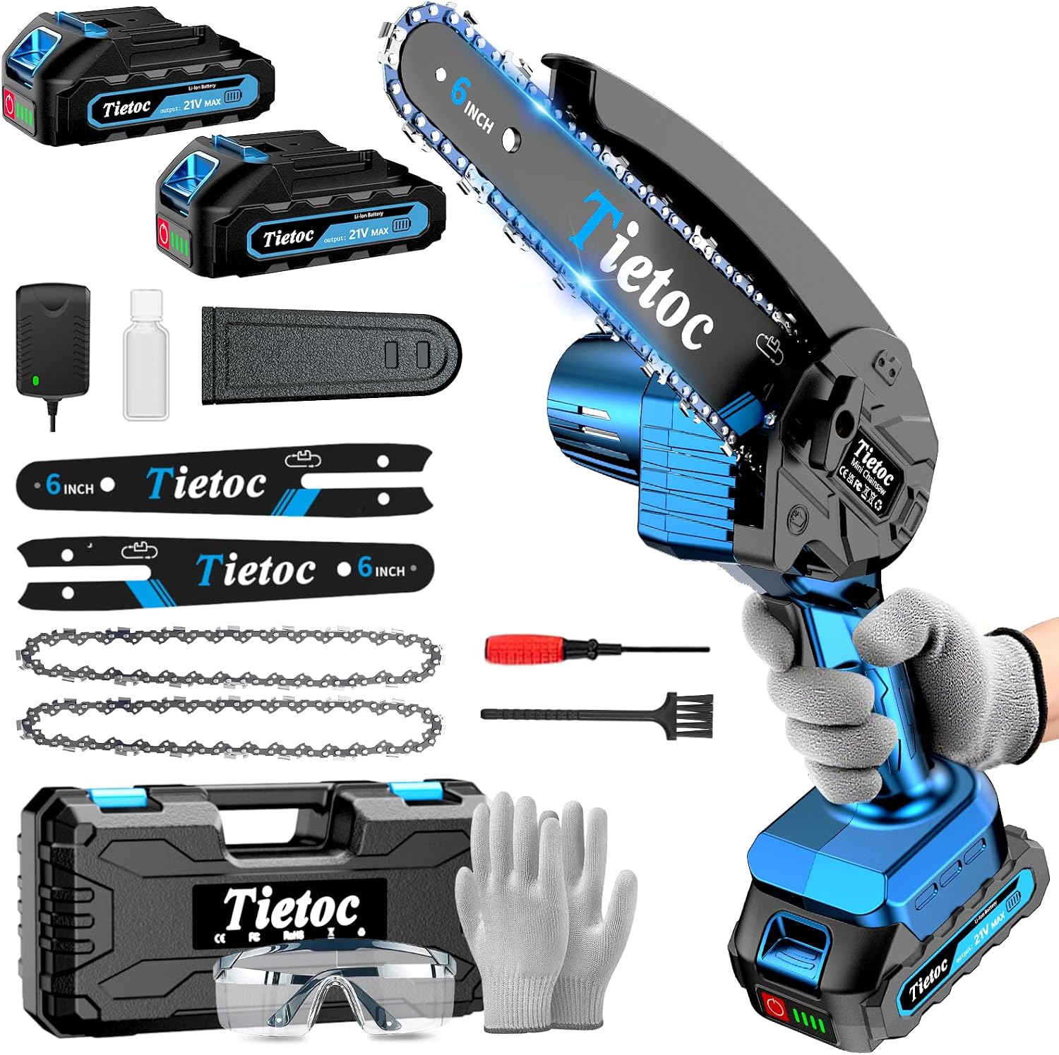 Electric Chainsaw Battery - ミニチェーンソー、6インチコードレスチェーンソー、880W強力電動ハンドヘルドチェーンソー、自動オイラー付き、バッテリー2個とチェーン2本付き、木の剪定用園芸工具、男性、父親、お父さんへのギフト